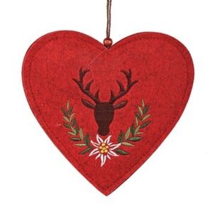 Red Felt Heart-Shaped Austrian Ornament Deer Stag & Edelweiss Embroidery NWT ❤️